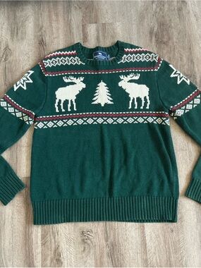 American Living Sweater Men's M Green Fair Isle Nordic Moose Lodge Ski Holiday